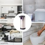 Collage of a kitchen, toilet, hospital, and hotel with a stainless steel automatic soap dispenser in the center.