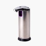 Stainless steel automatic soap dispenser with black base and sensor for hands-free use.