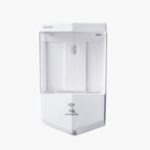 A white automatic hand sanitizer dispenser with a transparent cover and upper sensor.