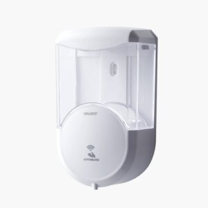 White, wall-mounted automatic hand sanitizer dispenser with transparent cover, sensor icon, and "AUTOMATIC" printed on the front.