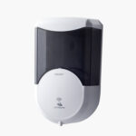 Wall-mounted automatic soap dispenser with a white and black design, featuring a hands-free sensor icon.