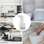 Collage of an automatic soap dispenser with labeled background images: kitchen, toilet, hospital, and hotel, showcasing its versatile use.