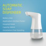 360ml automatic soap dispenser, 4 AA batteries. Ideal for kitchens, toilets, hospitals, hotels. Free-standing.