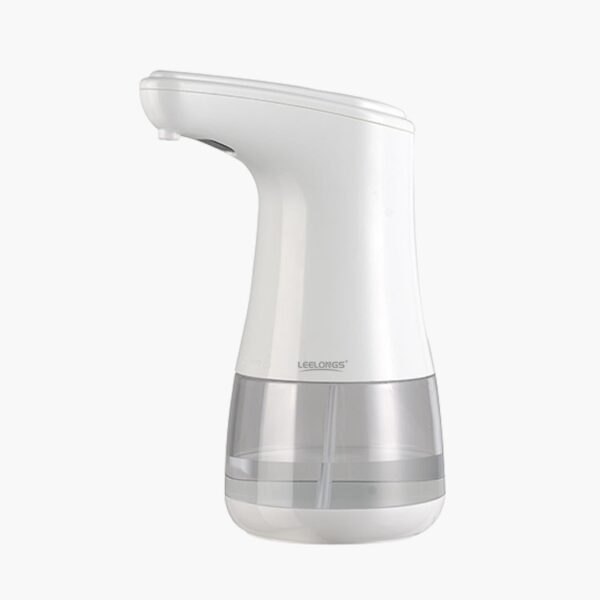 White automatic soap dispenser with sleek design and transparent section for viewing soap levels, set against plain background.