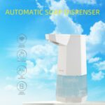 Automatic soap dispenser against a blue sky with clouds. Features infrared induction, non-contact use, ABS material, 350ml capacity.