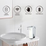 Bathroom image showing a white sink and soap dispenser with icons for 500ml capacity, infrared induction, touchless, and 4xAA battery power.