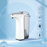 White automatic soap dispenser on blue background, featuring 500ml capacity, infrared induction, no-contact use, and visible liquid level.