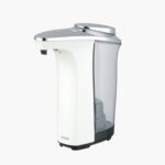 White and gray automatic soap dispenser with a transparent side tank.