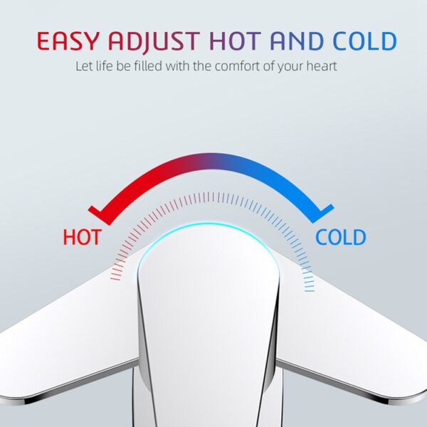 Manopla da torneira em close marcada para quente (vermelho) e frio (azul) com o texto: "Ajuste fácil. Conforto à mão.