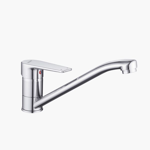 A modern chrome kitchen faucet with a single lever and extended spout, isolated on white.