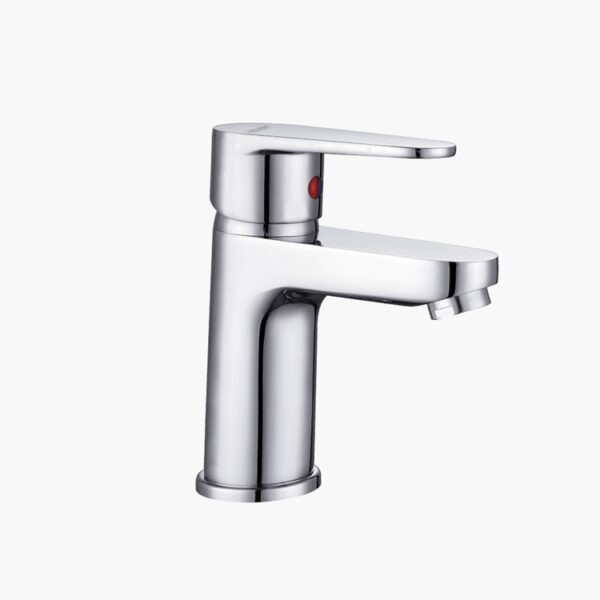 A chrome single-handle bathroom faucet with a sleek cylindrical base and angled spout.