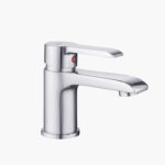 A sleek chrome bathroom faucet with a single lever handle, designed for modern sinks.