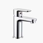 A chrome single-handle faucet with a short spout and red/blue temperature indicators.