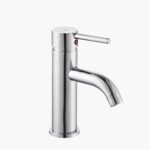 Stainless steel, single-handle cylindrical bathroom faucet with curved spout.