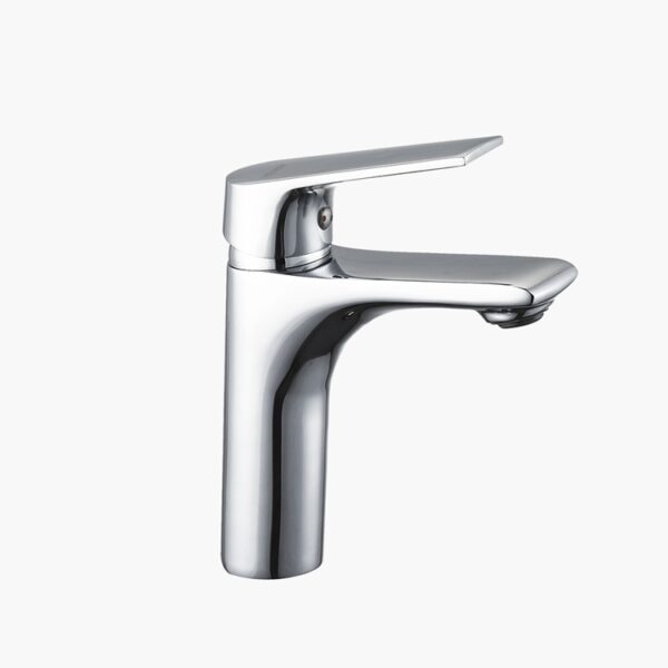 A modern chrome single-handle faucet against a white background.