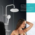 A woman in a black swimsuit uses an elegant Leelong round shower combo. Text: "Attractive Round Shower Combo.