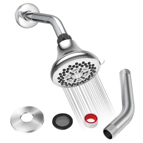 A chrome shower head, metal pipe, circular flange, rubber gasket, and black mesh filter displayed separately in a product layout.