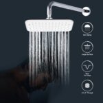 Image of a square rain shower head with water running. Features: rain spray, large surface, easy to clean, 1/2" thread.