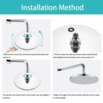 Four images show steps to install a showerhead: loosen old, insert washer, install new, and adjust angle while checking for leaks.