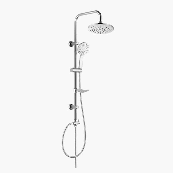 A modern stainless steel shower system with an overhead rain shower, adjustable handheld unit, and multiple controls on a vertical bar.