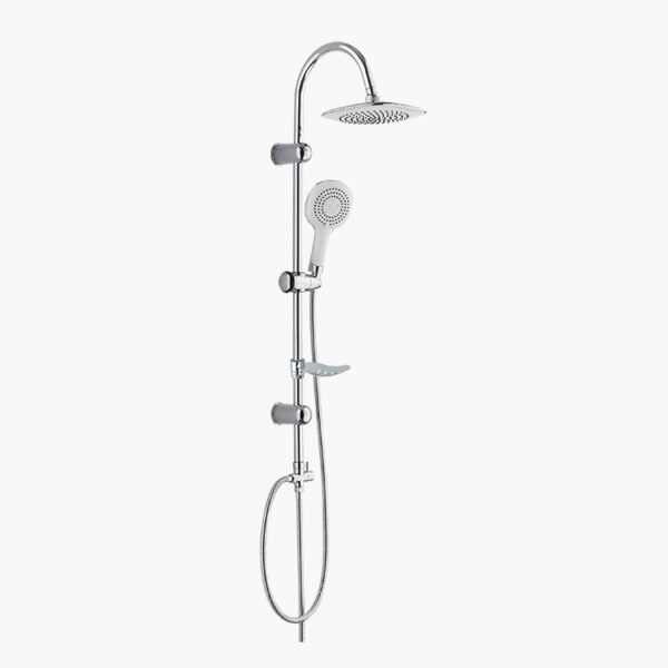 Système de douche chromé moderne avec pomme de douche à effet pluie, poignée réglable et commandes intégrées sur une barre verticale.