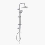 Wall-mounted shower with overhead rain showerhead, detachable handheld head, chrome finish, and adjustable height settings.