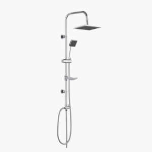 Modern chrome shower system with square overhead, handheld showerhead, and flexible hose on white background.