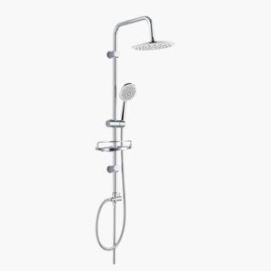 Modern shower system with overhead rain and handheld showerheads, sliding rail, soap dish, and flexible hose.