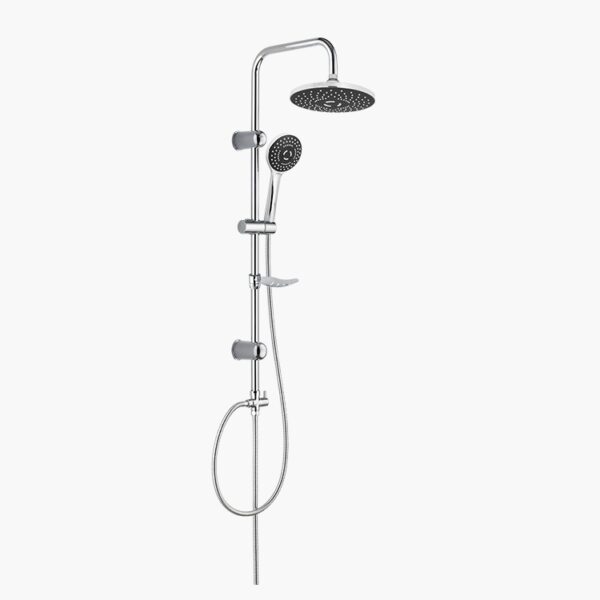 A silver shower system with overhead and handheld showerheads, adjustable height, and swivel features against a white background.