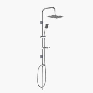 A stainless steel shower system with fixed and handheld showerheads on a wall-mounted vertical bar with adjustable holder.