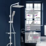 Chrome shower system with rain and handheld showerheads, plus a hanger on a dark blue wall. Inset images show component close-ups.