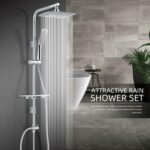 Modern rain shower set with handheld in a grey-tiled bathroom. White bathtub and potted plant visible. Text: "ATTRACTIVE RAIN SHOWER SET.