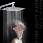 A person stands under a large shower with water streaming down, next to the text "WONDERFUL BATH EXPERIENCE.