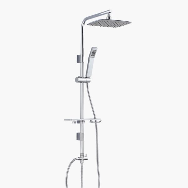 Chrome shower head and handheld combo with square overhead, handheld shower, and adjustable bracket.