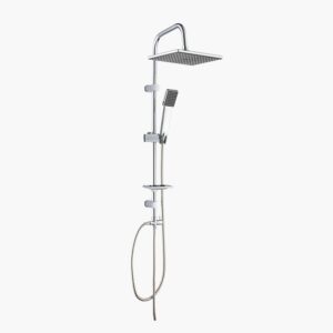 Modern chrome shower system with square overhead, adjustable handheld showerhead, and flexible hose.