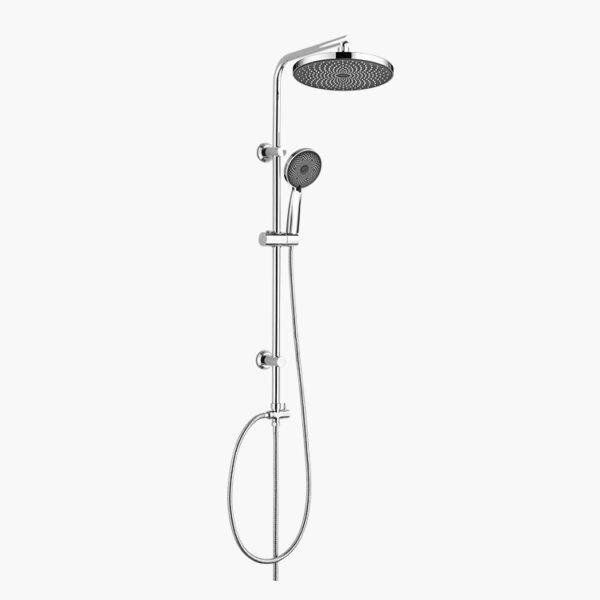 A chrome dual-head shower with a large overhead and smaller handheld showerhead on an adjustable vertical bar.