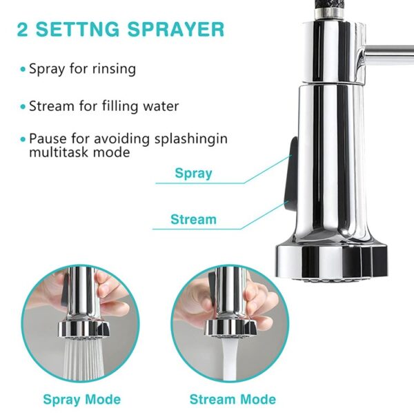 Primer plano de un grifo rociador de dos posiciones: modo rociador para enjuagar, chorro para llenar y pausa para evitar salpicaduras durante la multitarea.