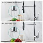 Two images of a kitchen faucet: the top shows strong water flow, the bottom shows gentle, splash-free flow. Fresh produce in the background.