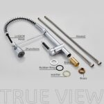 Kitchen faucet components: 50cm hose, 2 flexible hoses, main body with pull-down sprayer, 2 brass fittings, brass nut, washer, rubber ring. "True View