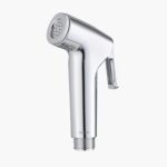 A chrome handheld bidet sprayer with a multi-hole nozzle and ergonomic trigger handle.