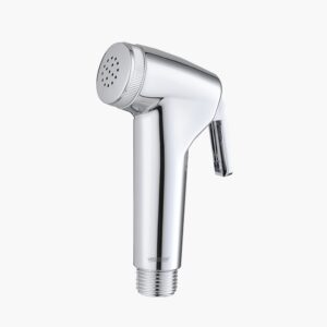 A chrome handheld bidet sprayer with top nozzle and side lever trigger, set against a plain white background.