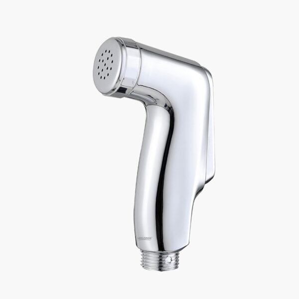 A chrome handheld bidet sprayer with a sleek design, curved handle, and multi-holed nozzle.