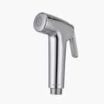 Chrome handheld bidet with perforated nozzle and trigger handle.