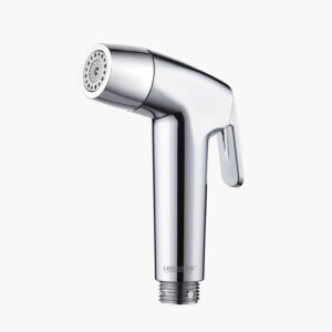 A metallic handheld bidet sprayer with a thumb trigger, shown against a white background.