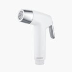 A white handheld bidet sprayer with a silver nozzle and handle against a white background.