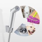 A handheld bidet sprayer is shown with inset images illustrating its uses: toilet cleaning, floor mopping, drain cleaning, and washing a dog.