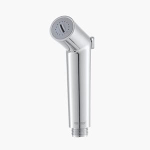 A polished stainless steel handheld bidet sprayer with nozzle perforations.
