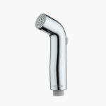 A stainless steel handheld bidet sprayer with a curved design and multiple nozzle holes is shown against a white background.