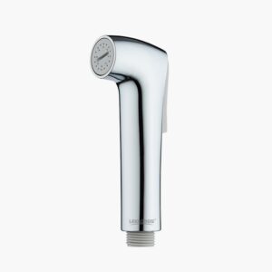 A chrome handheld bidet sprayer with a nozzle and ergonomic handle against a white background.