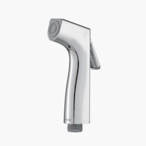 A high-pressure chrome handheld bidet sprayer with water control lever.